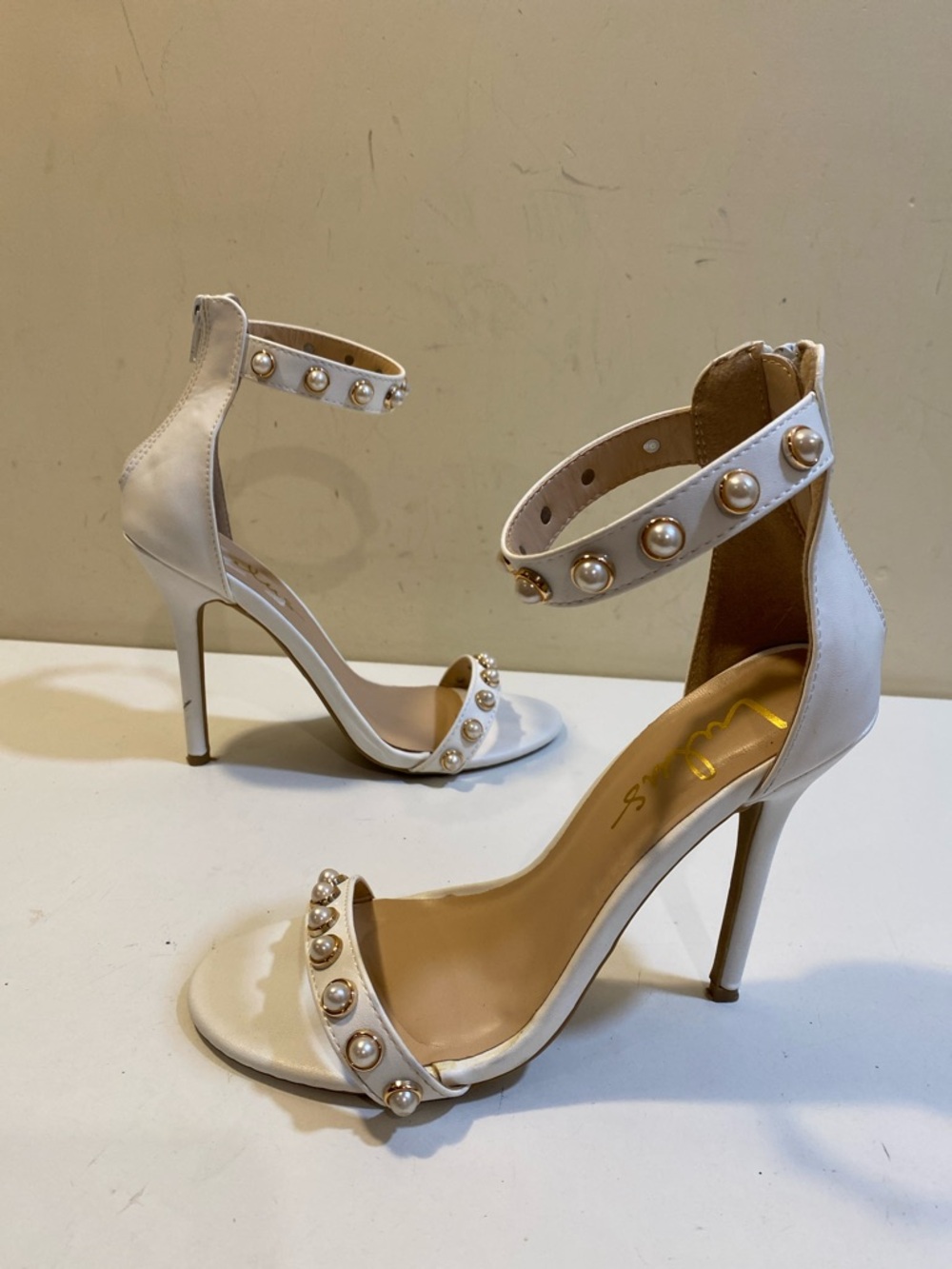 LULUS Pearl-Accent Ankle Strap High Heel Sandals - White Sz 7